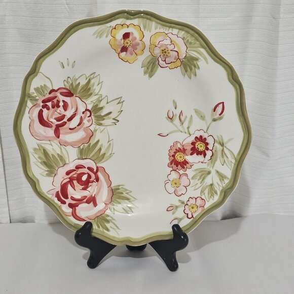 Pier 1 Audrey Dinner Plate 11in rose floral sage hand painted earthenware dinner - Picture 2 of 9